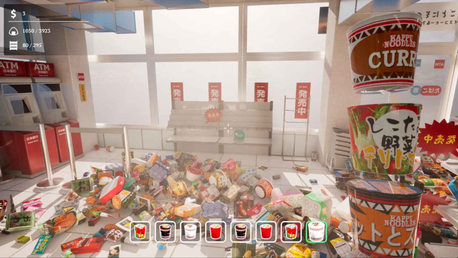Convenience store shelves being organized in Konbini Cleanup