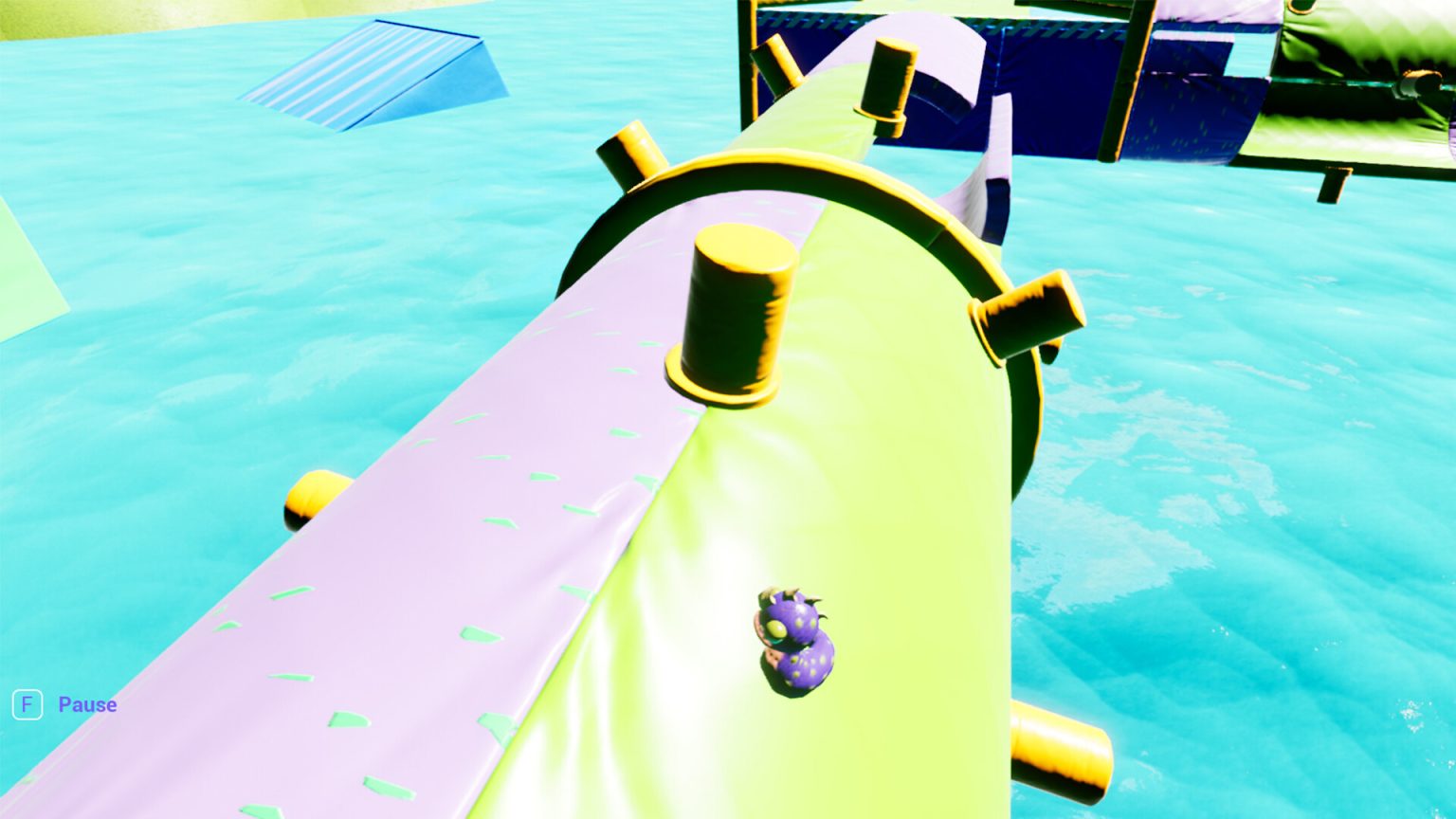 Worm character crossing rotating platforms above water