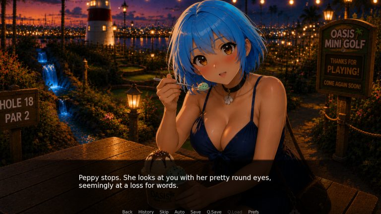 Blue-haired ship character speaking at Oasis Harbor in Museum Girls