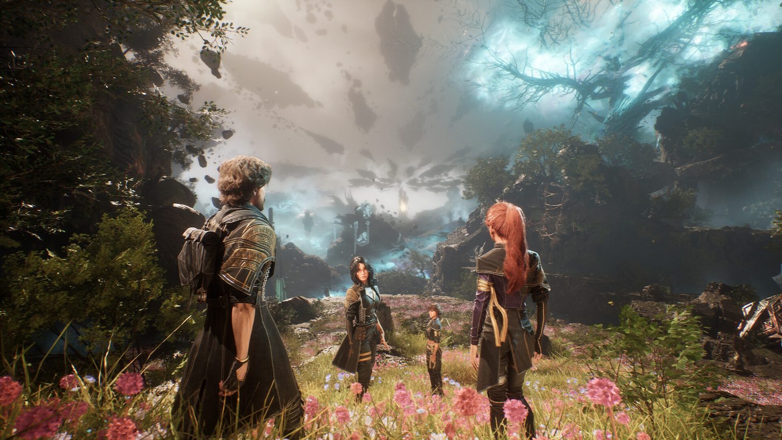 Expedition 33 party members face a giant creature in a fantasy landscape