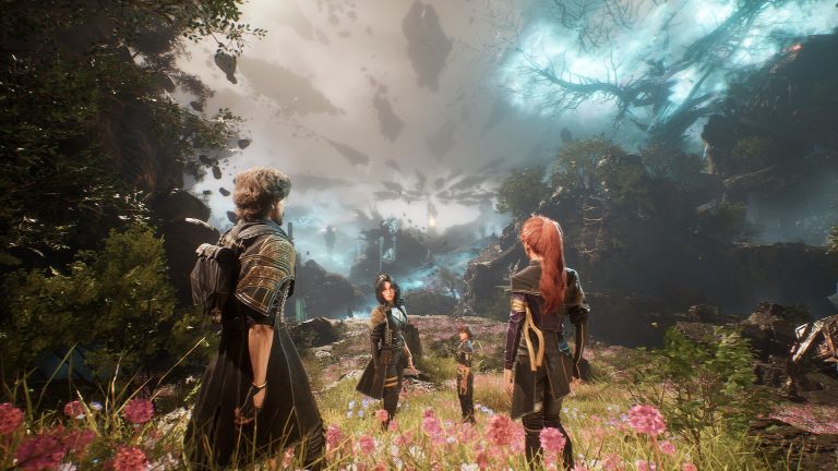 Expedition 33 party members face a giant creature in a fantasy landscape