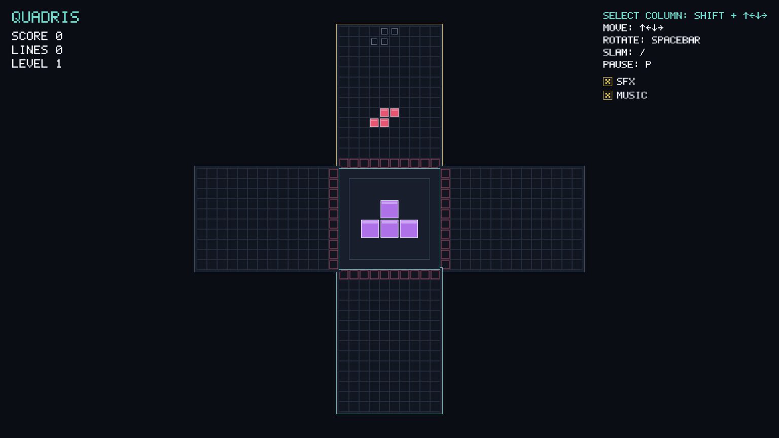 Tetromino blocks advancing through four Quadris lanes