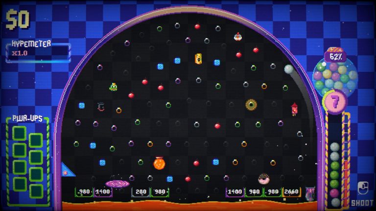 Balls bouncing through a colorful Pegfinity pachinko board