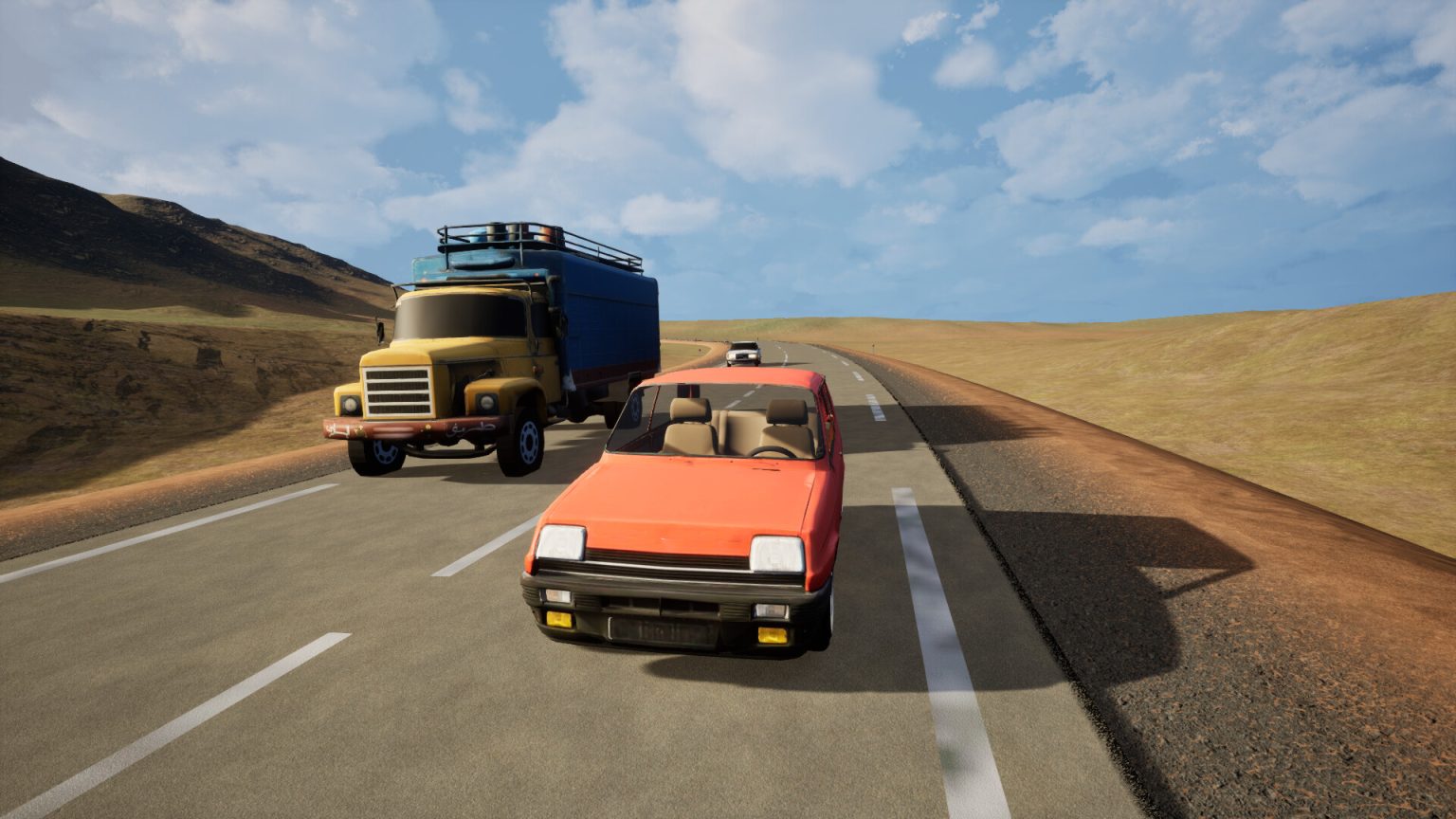 Two modest 1980s cars driving beside a truck in Boring Car Stories