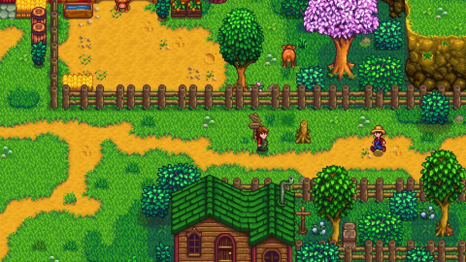 Farmer tending animals and blue grass on Stardew Valley Meadowlands Farm