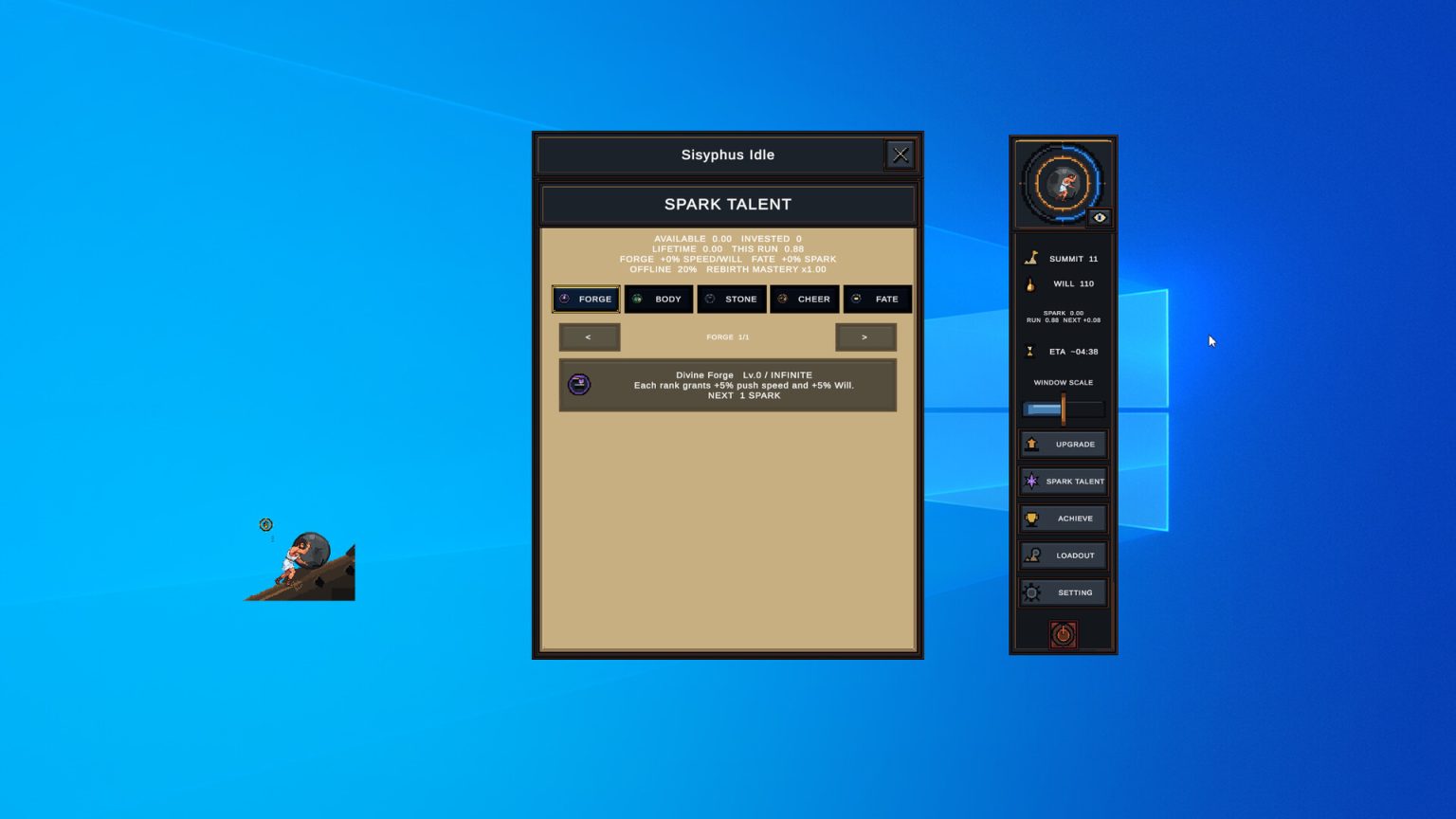 Sisyphus pushing a boulder inside a narrow desktop window