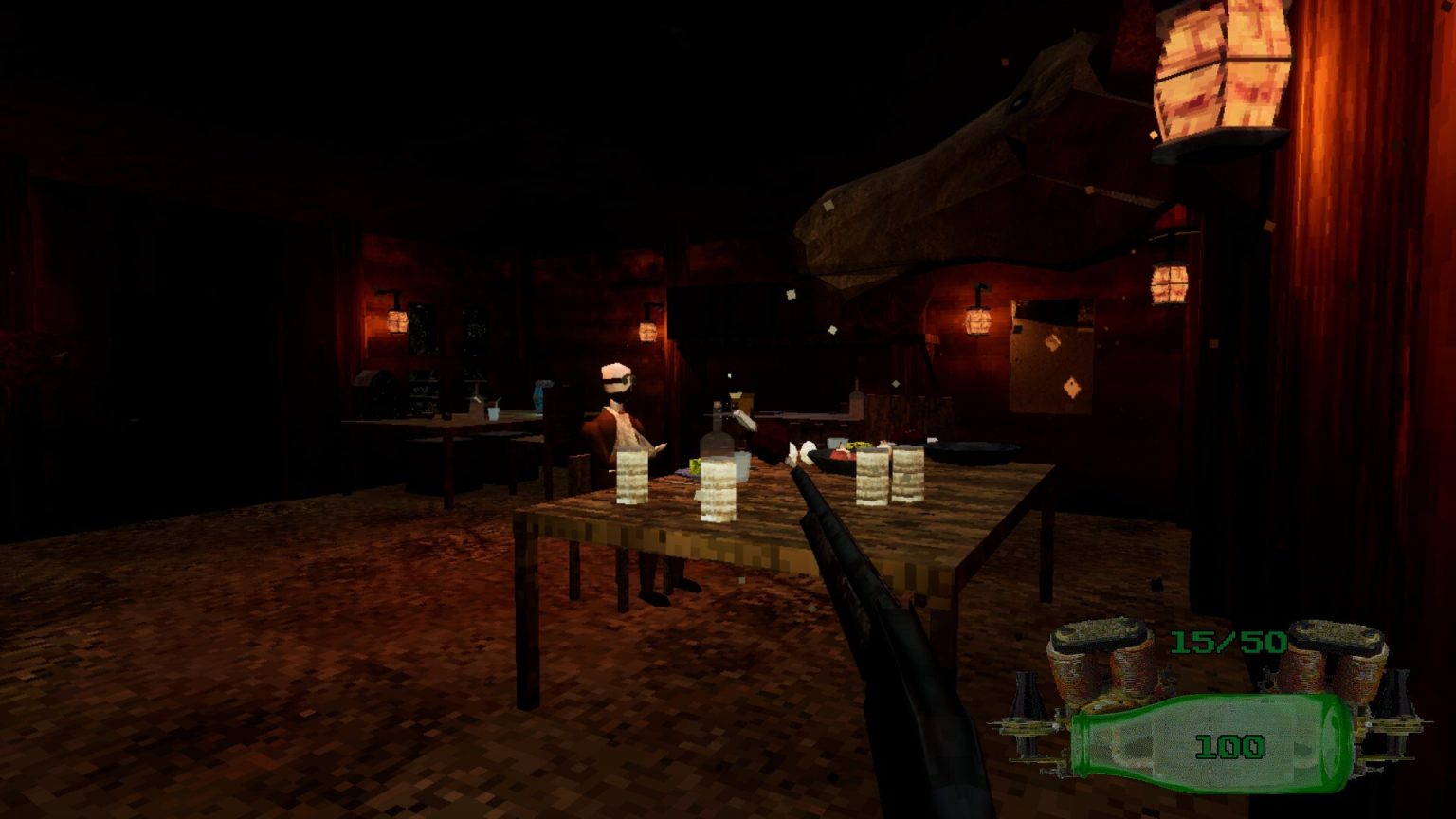 Lever-action shotgun aimed through a dark underground facility