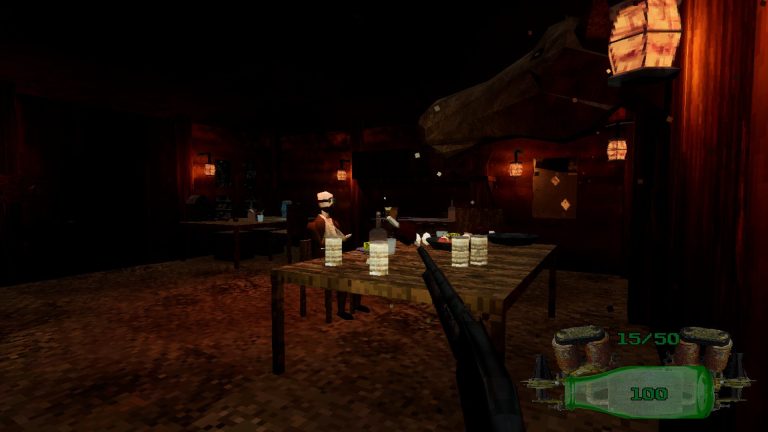 Lever-action shotgun aimed through a dark underground facility