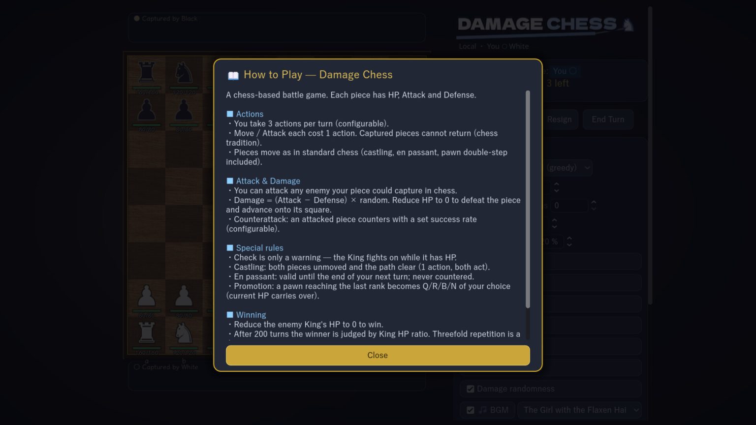 Chess pieces displaying health and attack values in Damage Chess