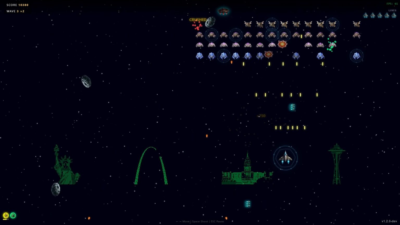 Player ship fighting an alien wave above a world landmark