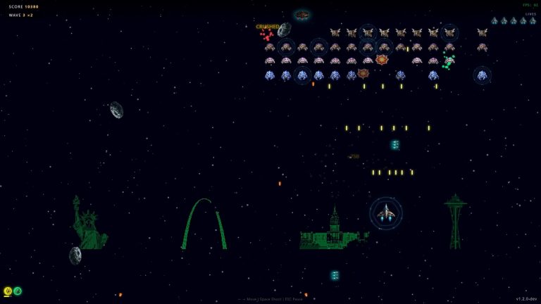Player ship fighting an alien wave above a world landmark