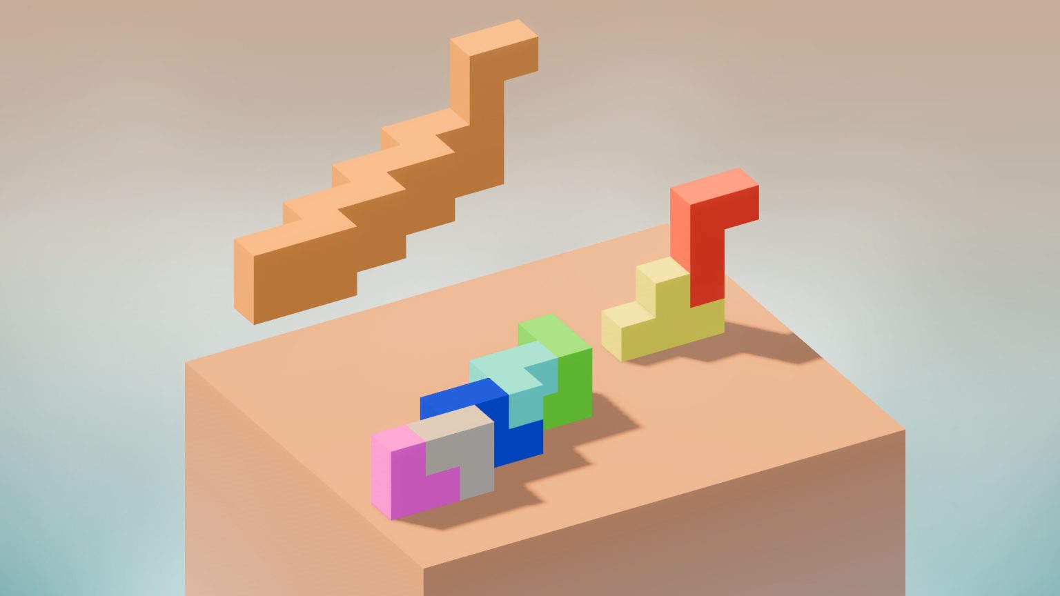 Seven wooden pieces arranged into a Soma Cube puzzle