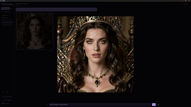 VaultBox interface showing locally generated portrait images