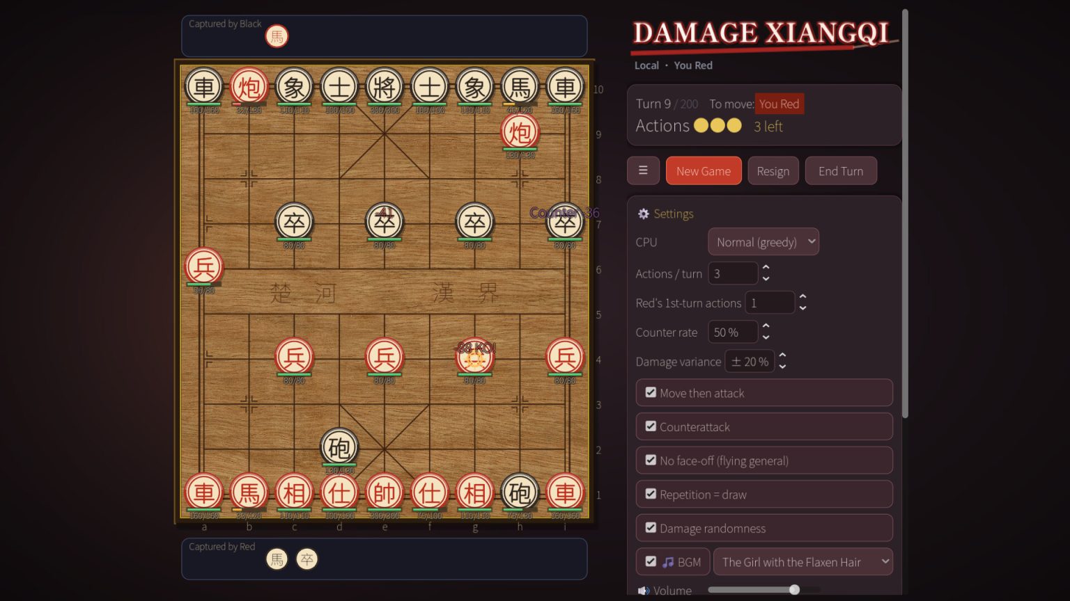 Xiangqi board showing health and attack values in Damage Xiangqi