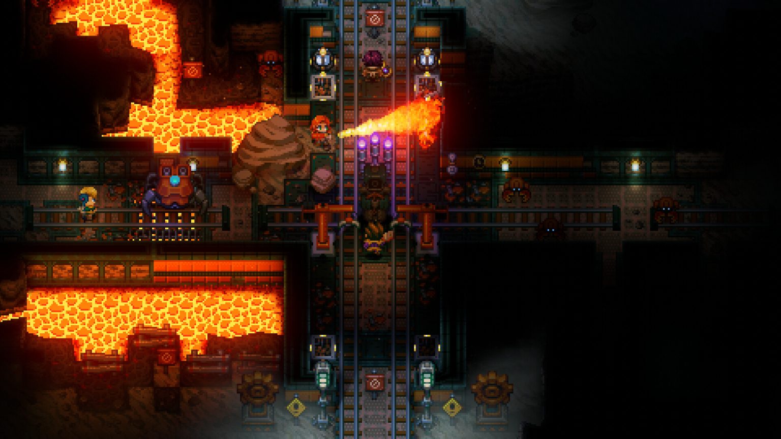 Explorers gathering around glowing ruins in Core Keeper