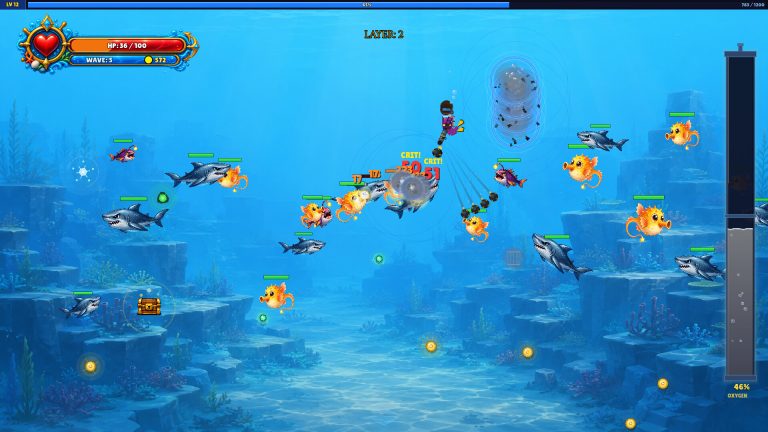 Armed diver surrounded by hostile sea creatures in dark water