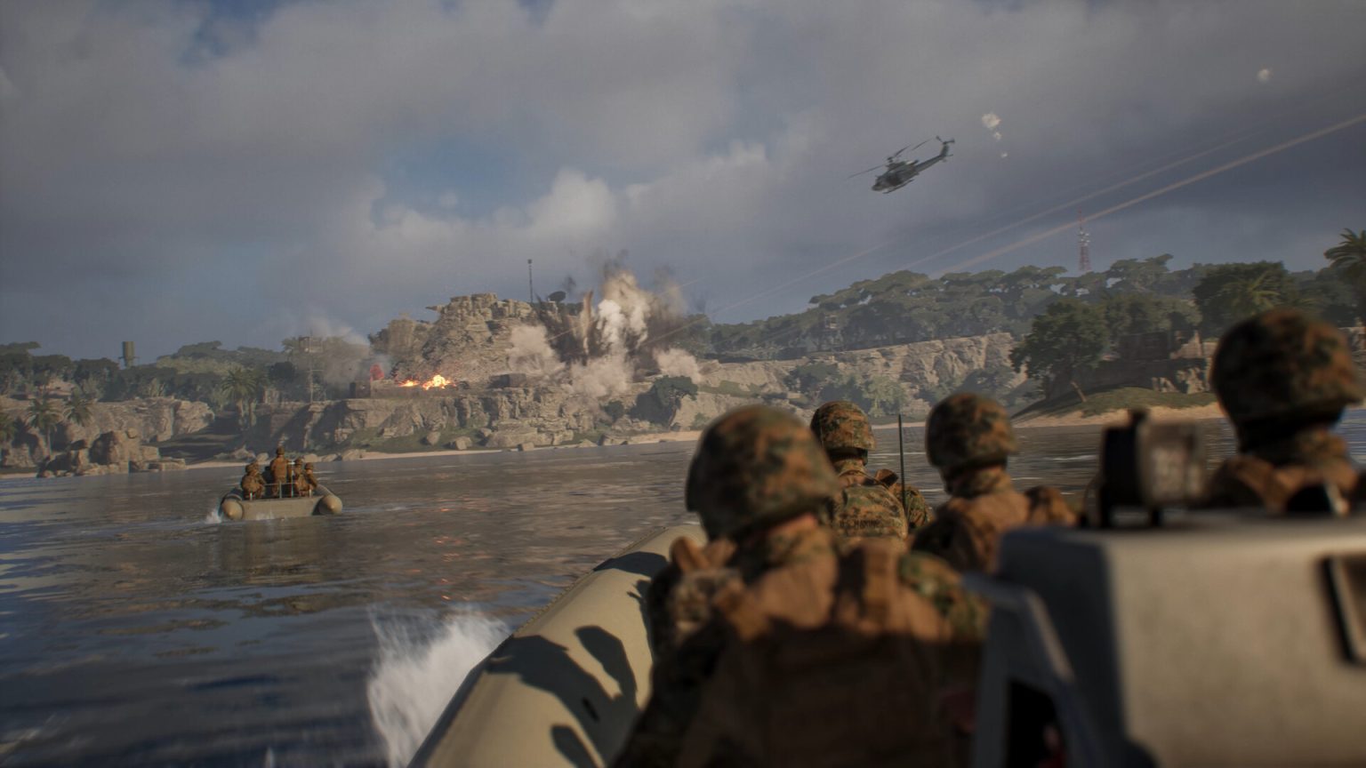 Infantry squad moving through smoke in Squad