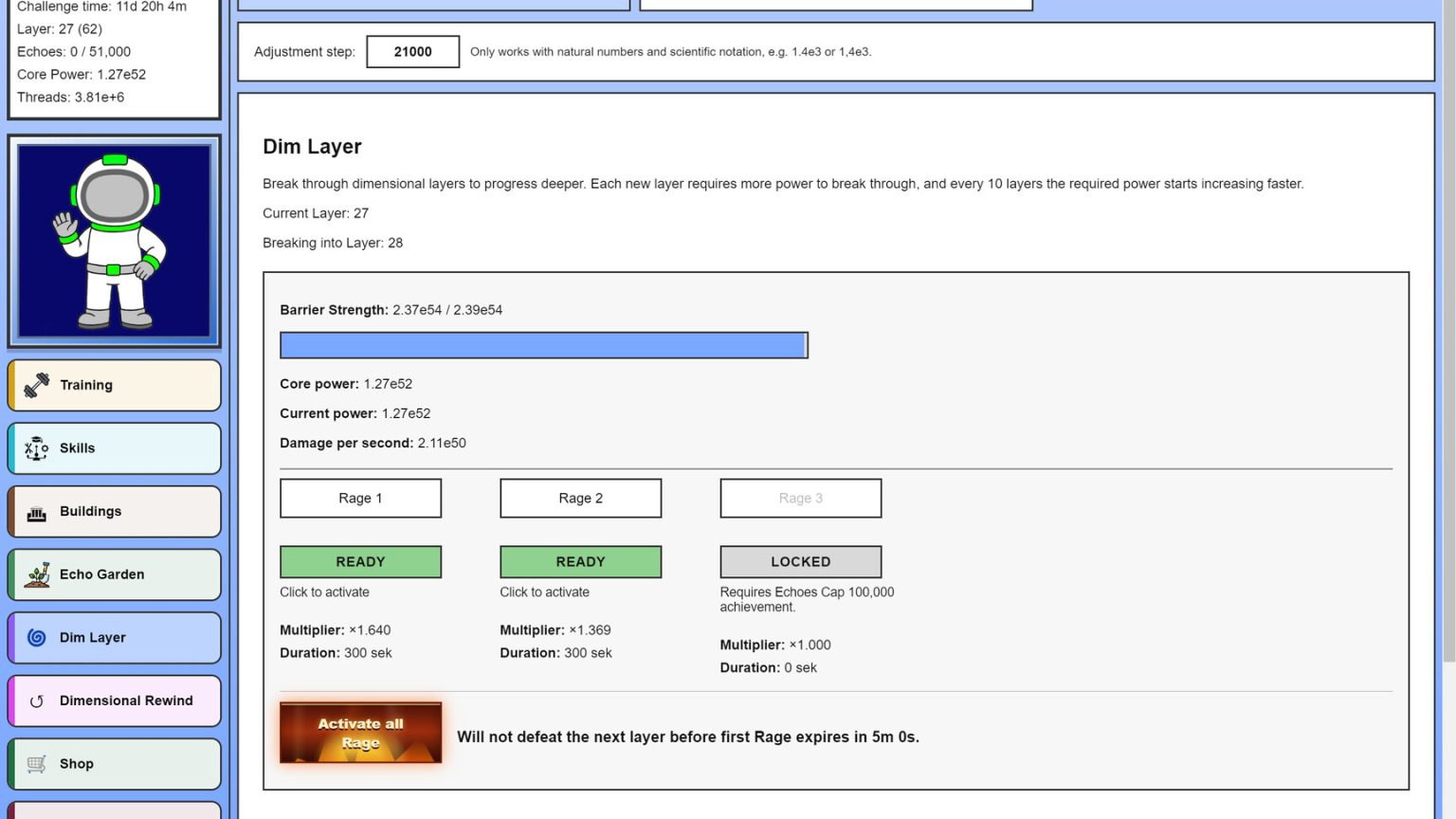 Incremental training interface in Idle Dimension Breaker