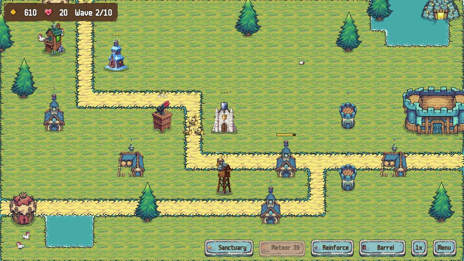 Storybook defenses holding a winding road in Crownhold