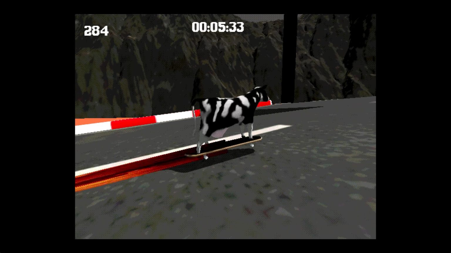 Skateboarding cow jumping above lava and obstacles