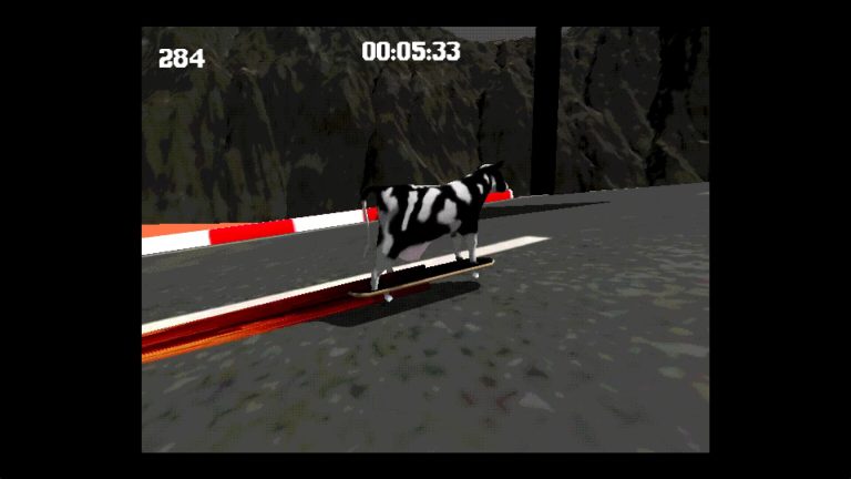 Skateboarding cow jumping above lava and obstacles