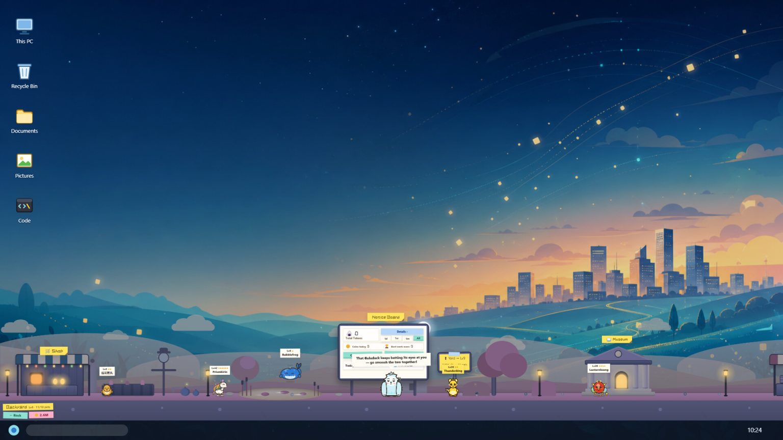 Gulugulu desktop pet beside its companion and office interface