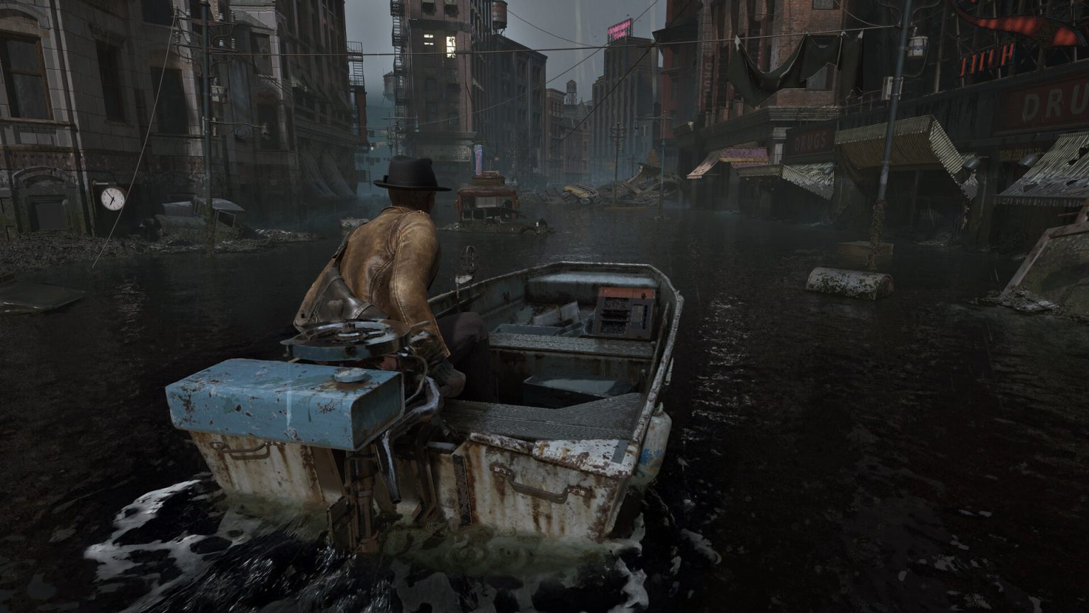 Investigator facing a creature in flooded Arkham in The Sinking City 2