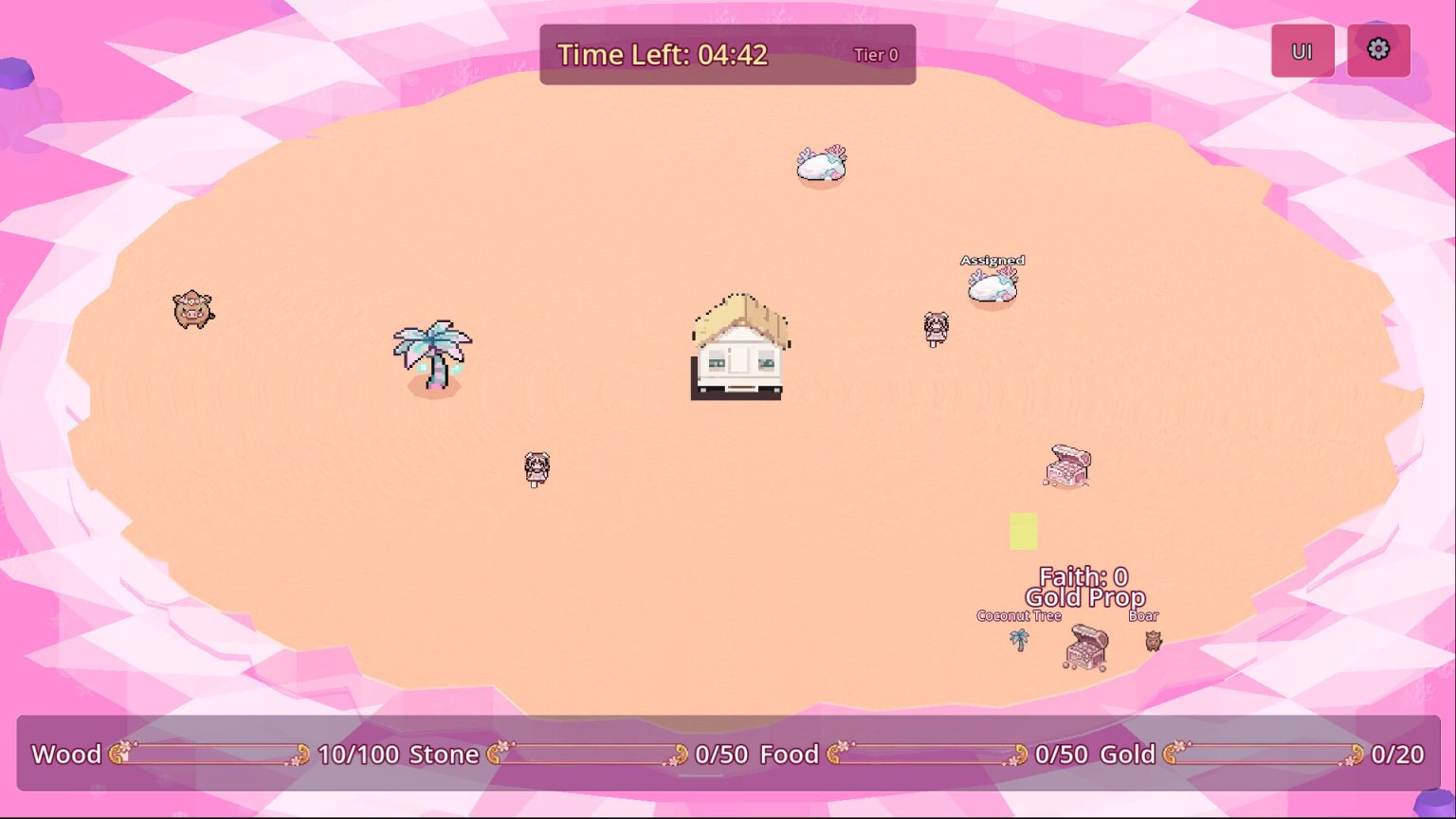 Pastel villagers gathering resources on the island in Blooming Faith