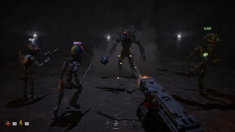 Players scavenging a scorched ruin in the horror game GRAIN ROT
