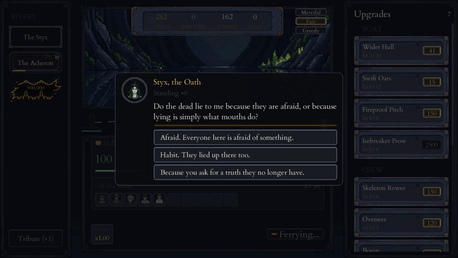 Ferryman carrying a soul across an underworld river in Toll