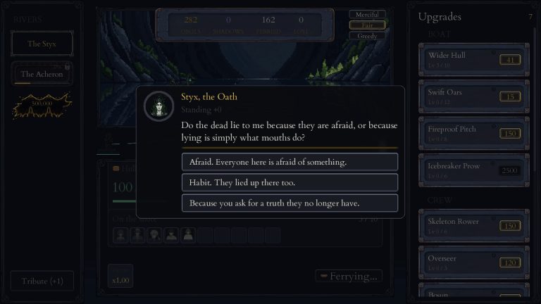 Ferryman carrying a soul across an underworld river in Toll