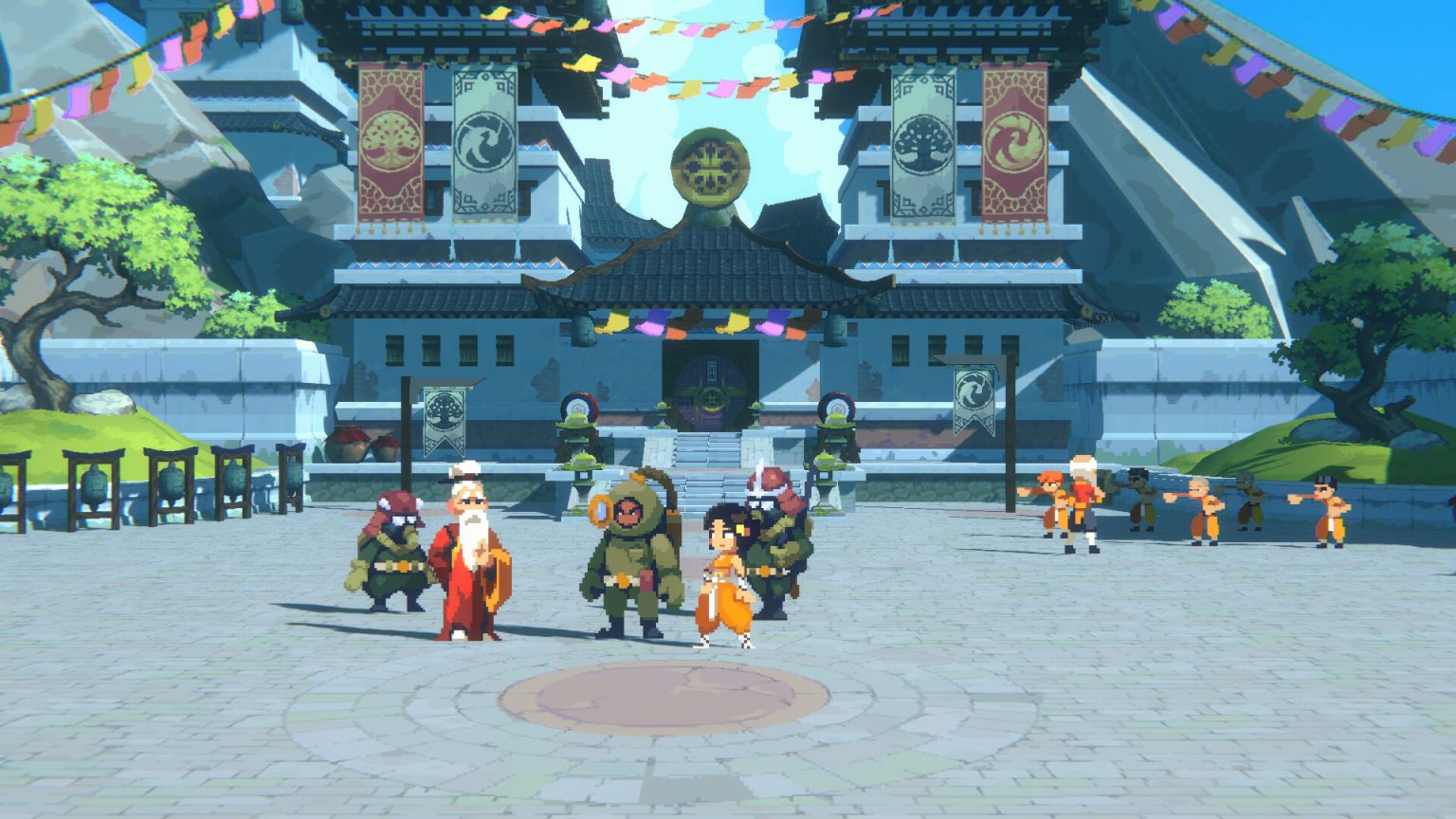 Mako fighting with a staff in the pixel-art world of Akatori