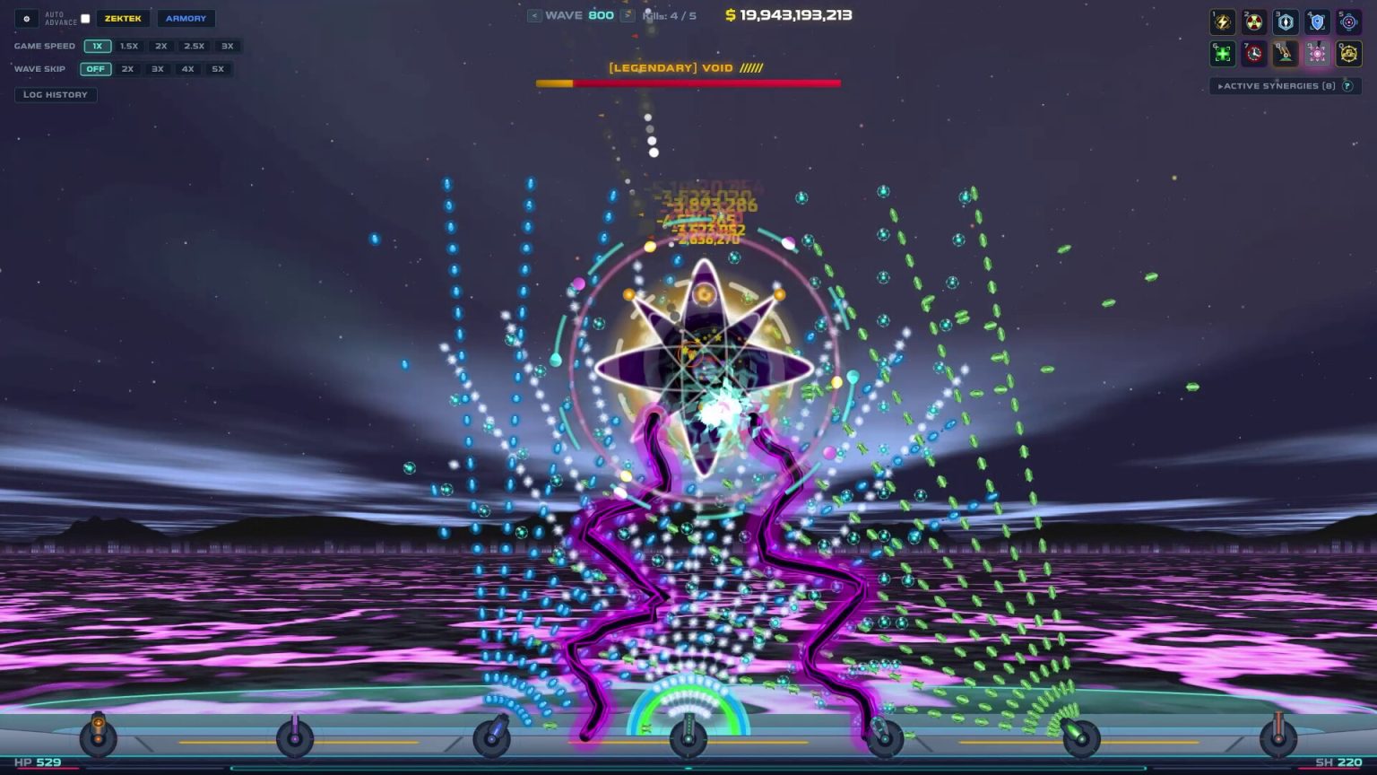 Elemental turrets firing at alien waves in Attack of the Zektoids