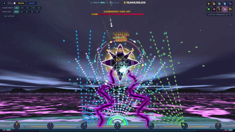 Elemental turrets firing at alien waves in Attack of the Zektoids