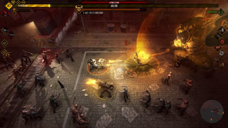 Survivor squad fighting a large zombie horde from above
