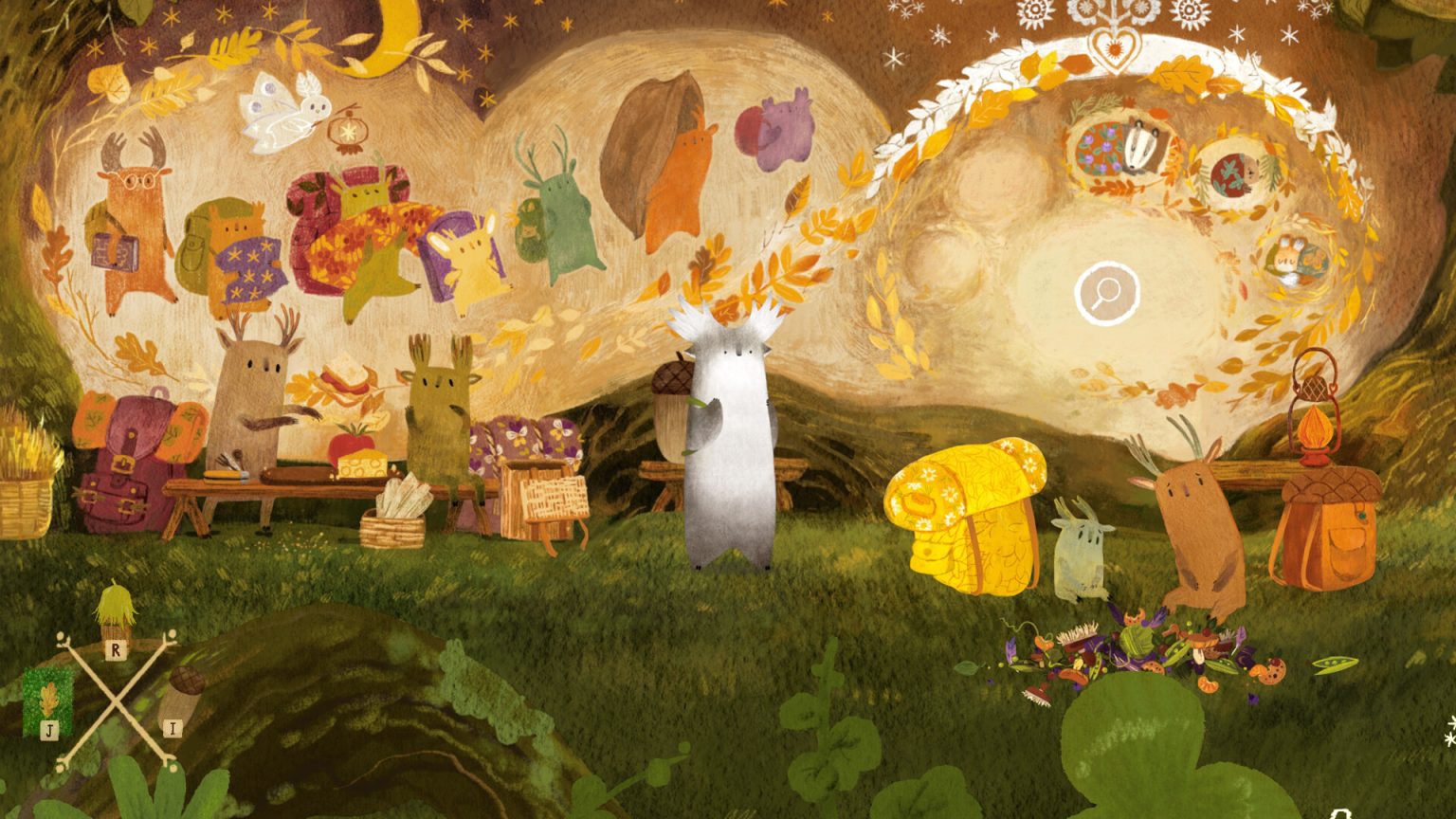 Traveller meeting forest inhabitants in the hand-drawn world of Tukoni