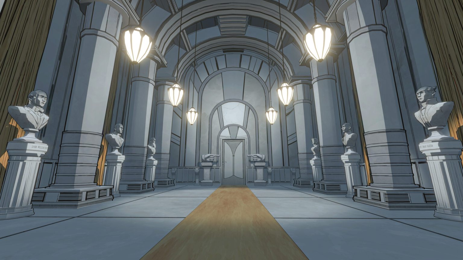 A blue corridor and branching doors inside the shifting mansion of Blue Prince