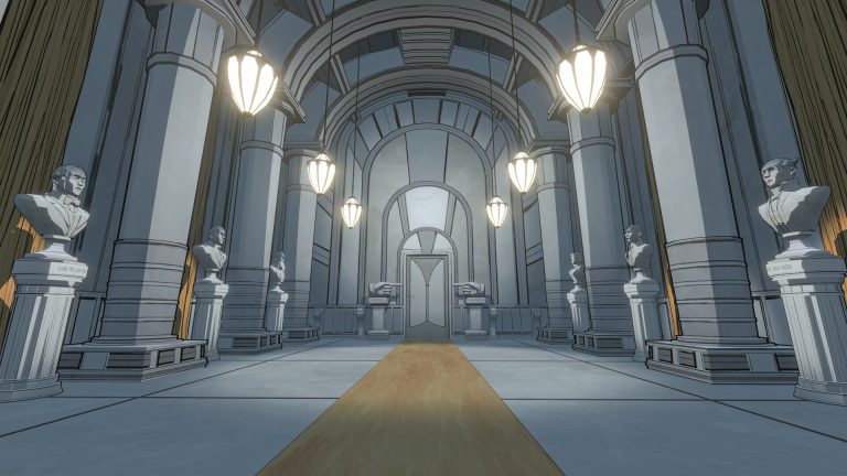 A blue corridor and branching doors inside the shifting mansion of Blue Prince