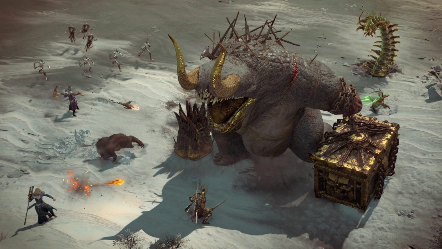 Heroes fighting a chained demon in Diablo IV