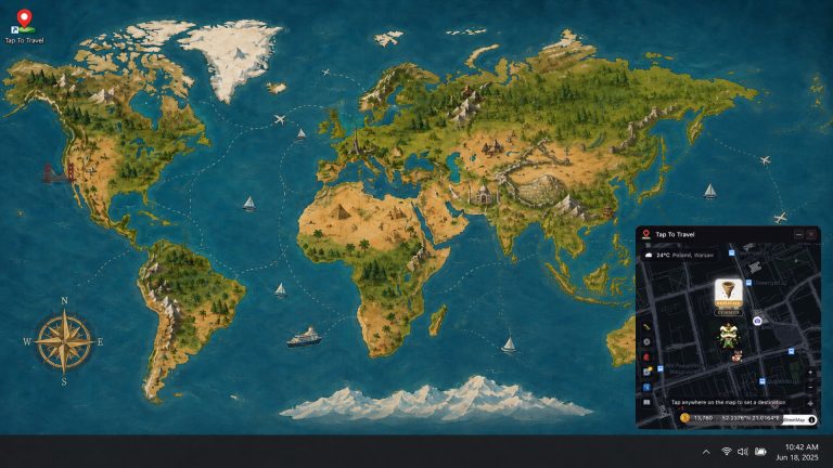Tiny traveler moving across the Tap To Travel world map