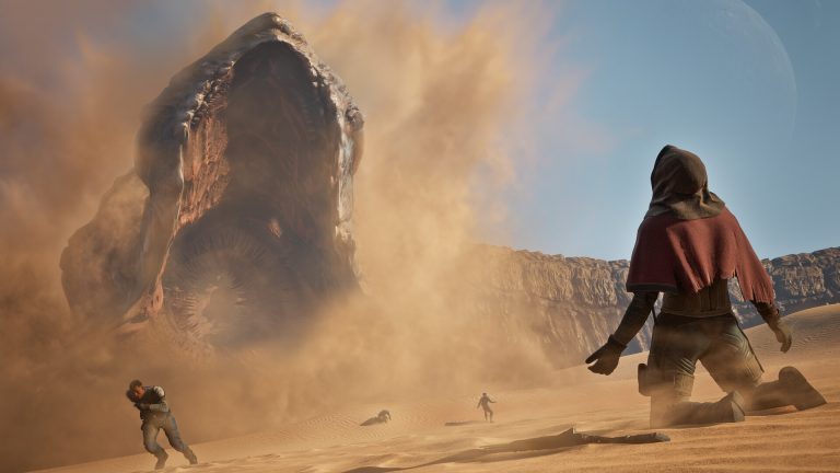 A vehicle crossing the desert in Dune Awakening