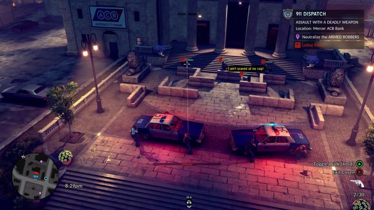 Police vehicles pursuing a suspect through Averno City in The Precinct