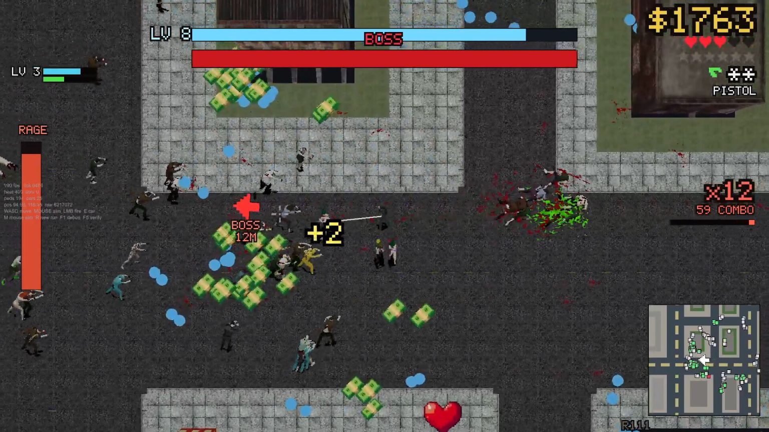 Top-down survivor firing at a zombie horde in Y2Kill