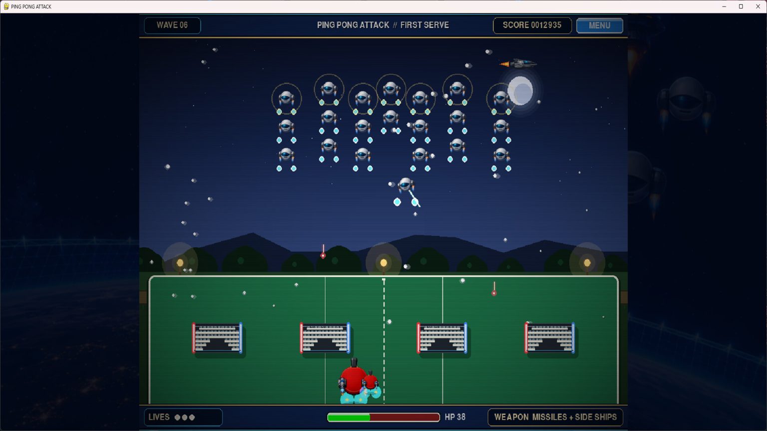 Bat fighter returning projectiles at aliens in Ping Pong Attack