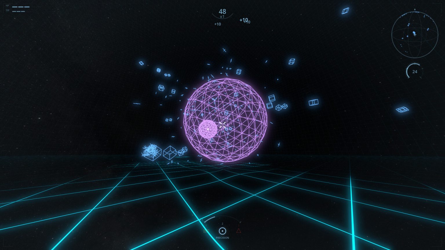 Neon enemies and a glowing arena sphere in NOXON