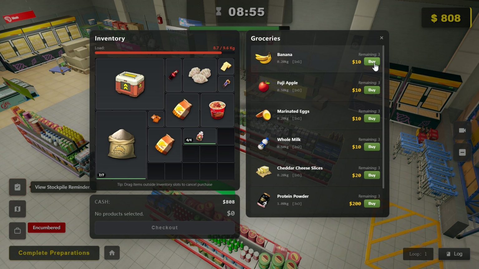 Supplies and reinforced shelter in the zombie sim Survival Log