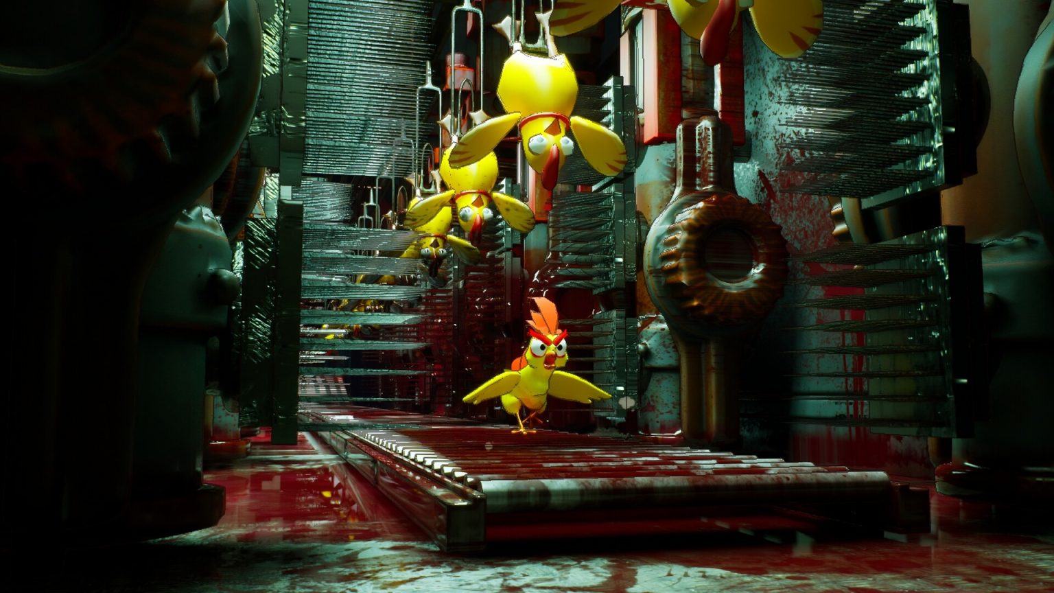 Chicken escaping machinery inside the Eggscape factory
