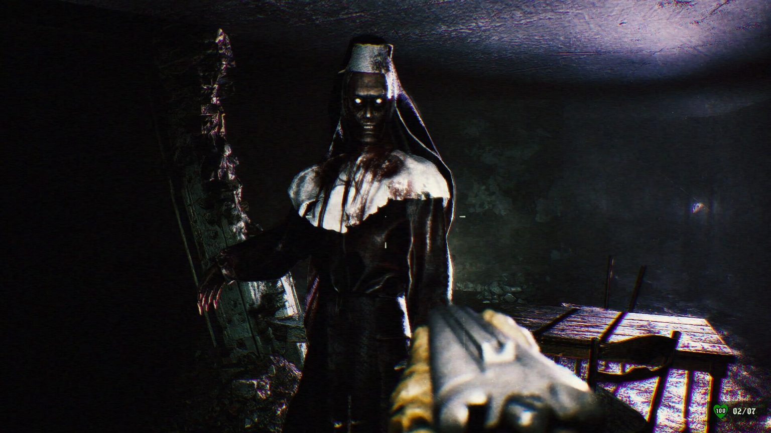 Armed player facing a figure inside the dark crypts of GUTTED