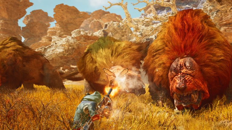 A hunter facing a large monster in Monster Hunter Wilds