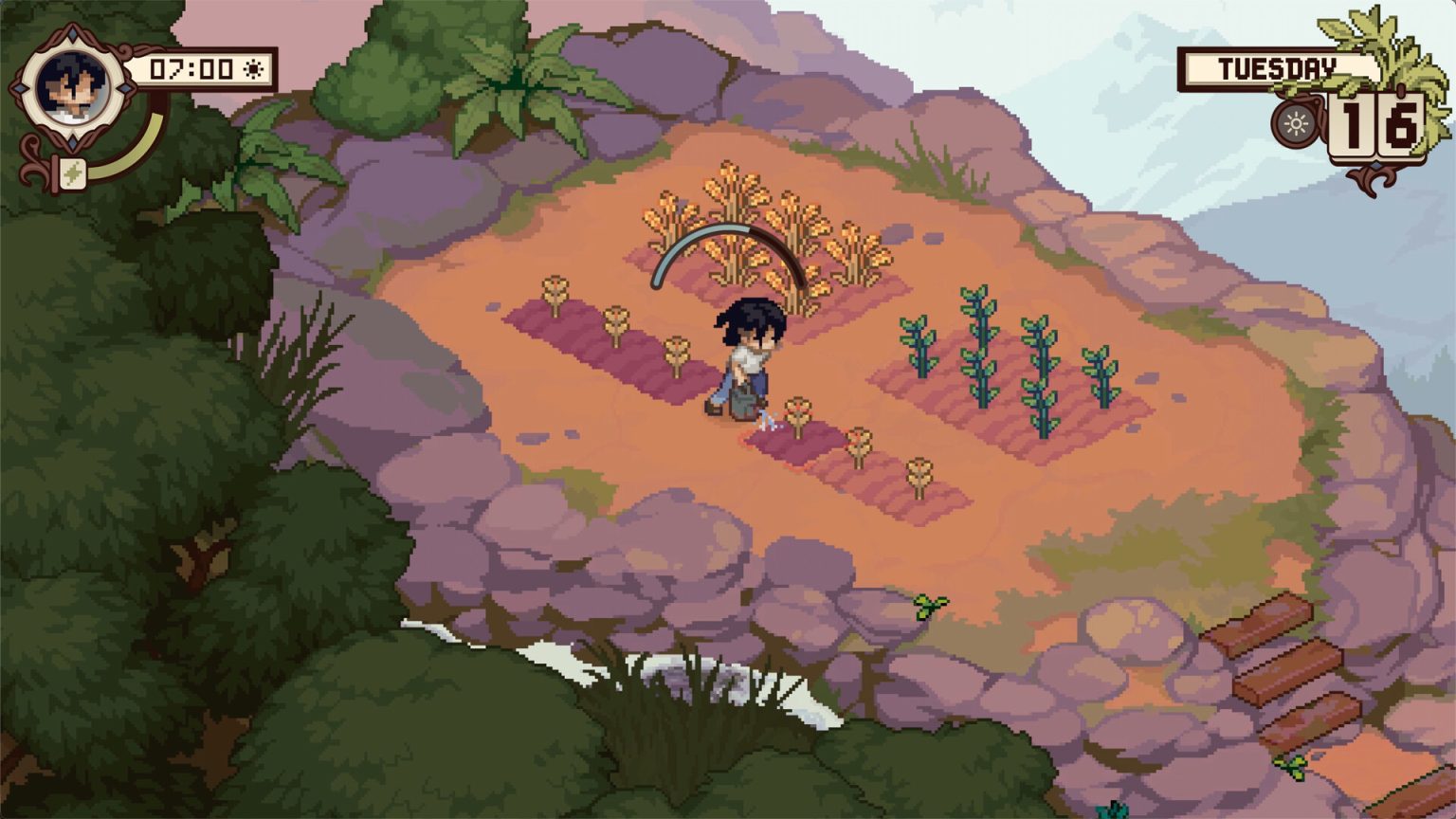 Characters gathering outdoors in the pixel-art world of Grave Seasons
